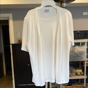 Alfred Dunner Cream Knit Open Cardigan white made USA size M floral short sleeve